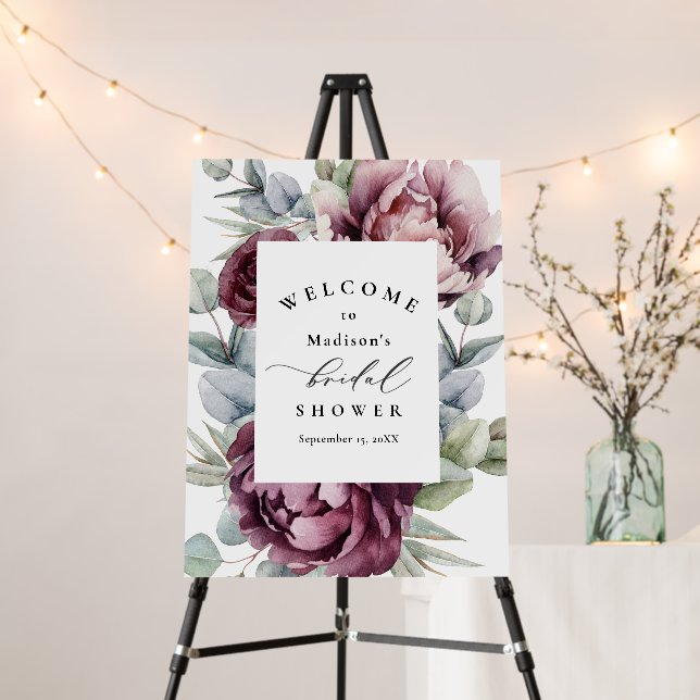 Rustic Burgundy Plum Floral Bridal Shower Welcome Foam Board (In Situ (Stand))