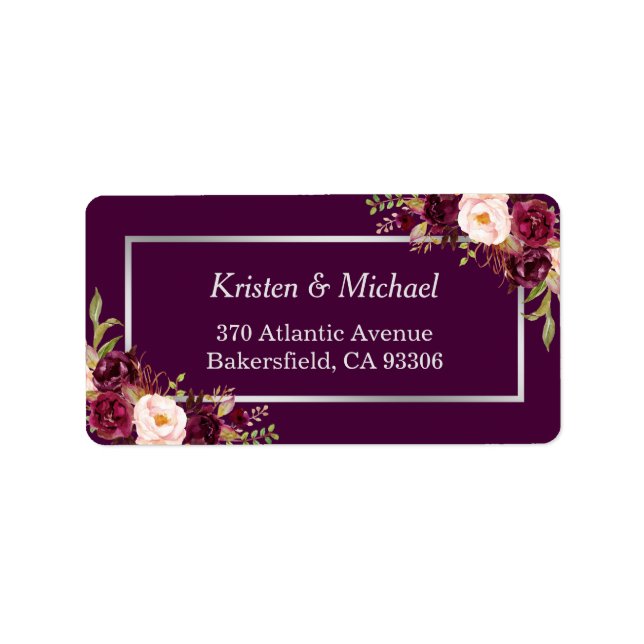 Rustic  Burgundy Plum Purple Floral Silver Gray Label (Front)