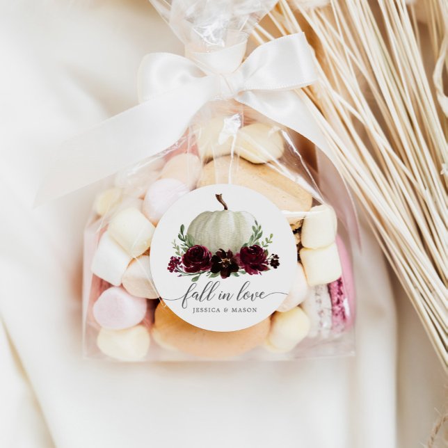 Rustic Burgundy Pumpkin Fall In Love Favor Sticker (Creator Uploaded)