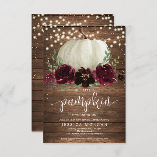 Rustic Burgundy Pumpkin First Birthday Invitation