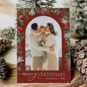 Rustic Burgundy Red 1 Photo Arch Merry Christmas Holiday Card by PeachBloome at Zazzle