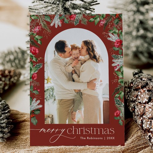 Rustic Burgundy Red 1 Photo Arch Merry Christmas Holiday Card