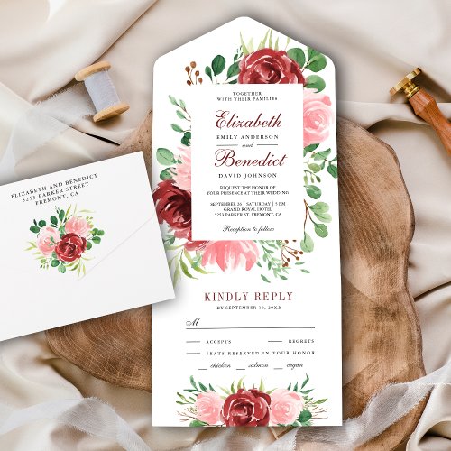 Rustic Burgundy Red and Blush Pink Floral Wedding All In One Invitation
