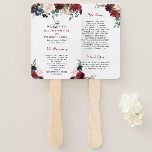 Rustic Burgundy Red Blue Floral Wedding Program Hand Fan