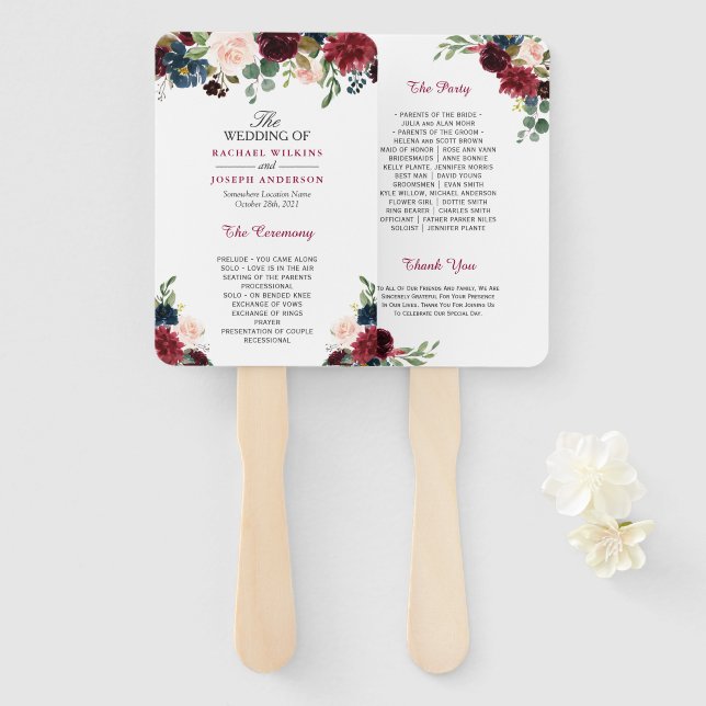 Rustic Burgundy Red Blue Floral Wedding Program Hand Fan (Front and Back)