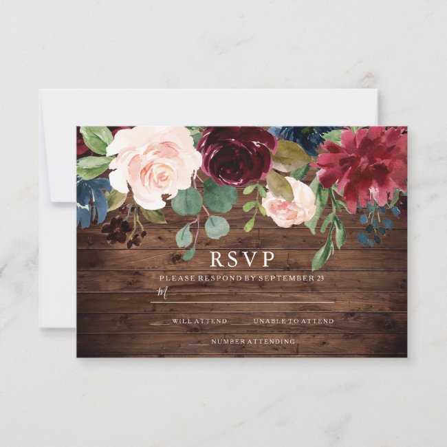 Rustic Burgundy Red & Blush Floral Wedding RSVP Card