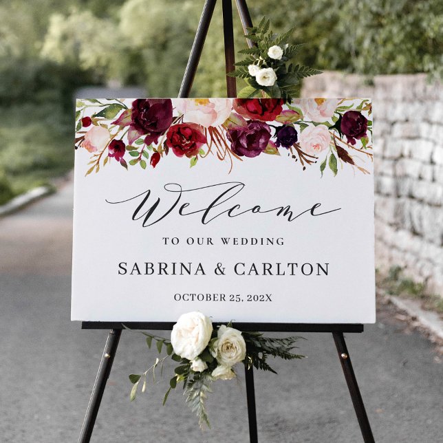 Rustic Burgundy Red Blush Floral Wedding Welcome Foam Board (Creator Uploaded)