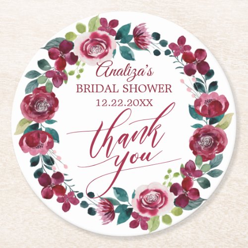 Rustic Burgundy Red Blush Thank You Round Paper Coaster