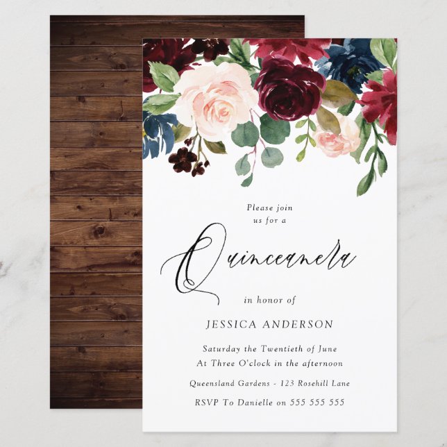 Rustic  Burgundy Red Budget Quinceanera Invitation (Front/Back)