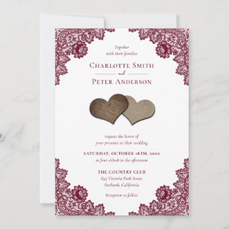Rustic Burgundy Red Burlap and Lace Wedding Invitation