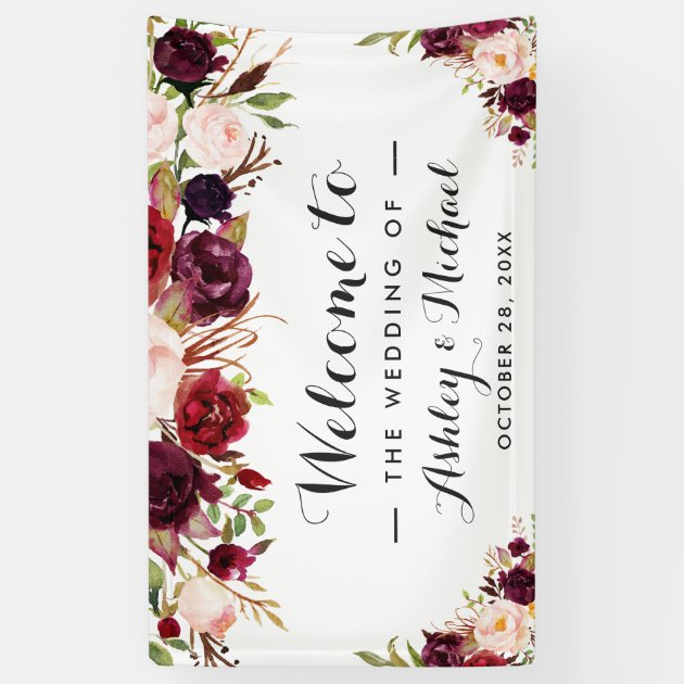 Rustic Burgundy Red Chic Floral Wedding Party Banner