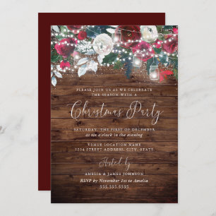 Rustic Burgundy Red Festive Light Garden Christmas Invitation