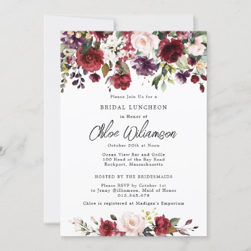 Rustic Burgundy Red Floral Bridal Luncheon Invitation