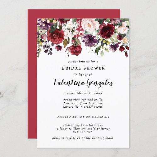 Rustic Burgundy Red Floral Bridal Shower Invitatio Invitation