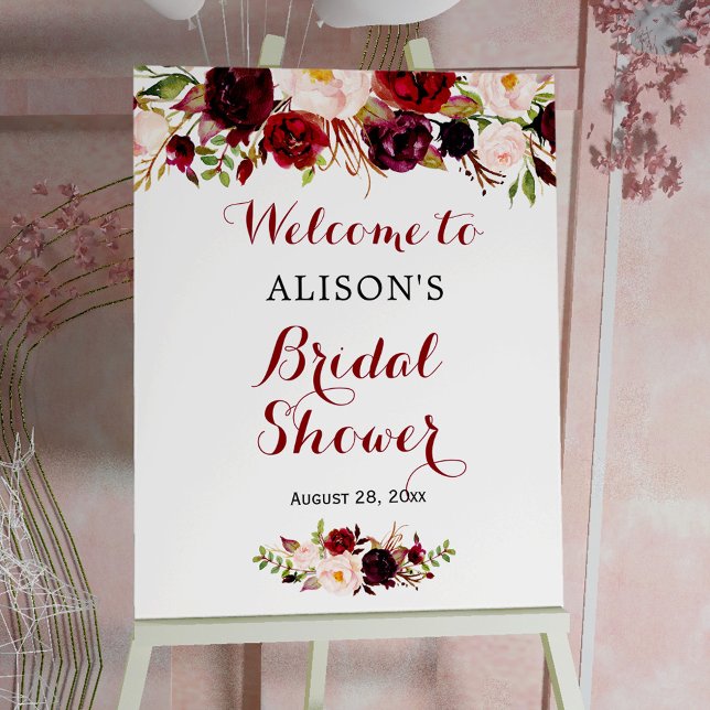 Rustic Burgundy Red Floral Bridal Shower Sign (Creator Uploaded)