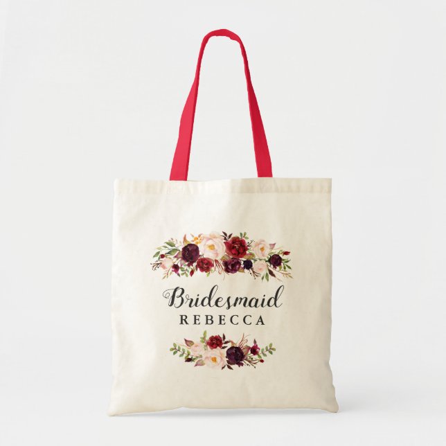 Rustic Burgundy Red Floral Bridesmaid Favor Tote Bag (Front)