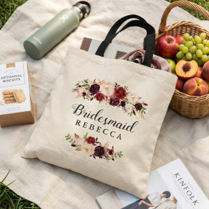 Rustic Burgundy Red Floral Bridesmaid Favor Tote Bag