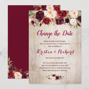Rustic Burgundy Red Floral Change the Date Card
