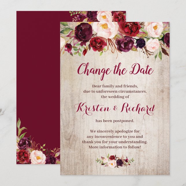 Rustic Burgundy Red Floral Change the Date Card (Front/Back)
