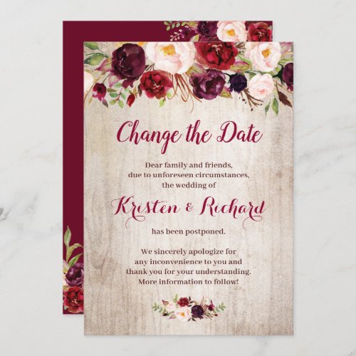 Rustic Burgundy Red Floral Change the Date Card - Event Postponed Announcement Template - Rustic Wood Burgundy Red Floral Change of Date Card.
(1) For further customization, please click the "customize further" link and use our design tool to modify this template.
(2) If you need help or matching items, please contact me.