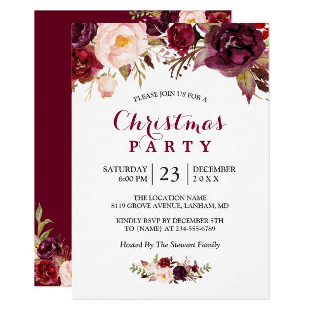 Rustic Burgundy Red Floral Chic Christmas Party Invitation