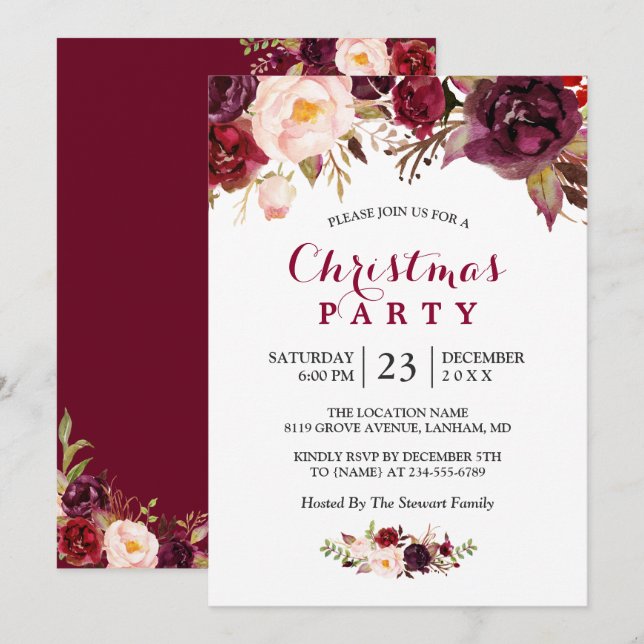 Rustic Burgundy Red Floral Chic Christmas Party Invitation (Front/Back)