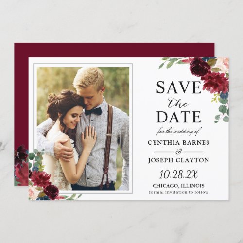 Rustic Burgundy Red Floral Classic Wedding Photo Save The Date