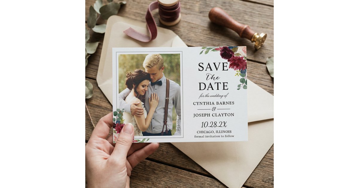 Rustic Burgundy Red Floral Classic Wedding Photo Save The Date | Zazzle