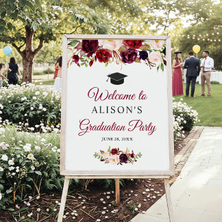 Rustic Burgundy Red Floral Graduation Party Sign