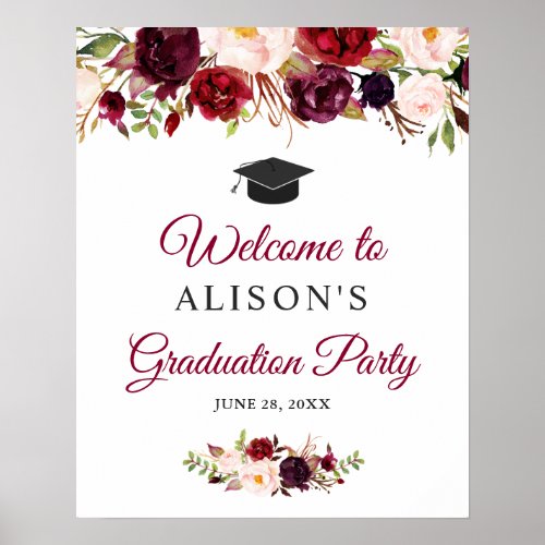 Rustic Burgundy Red Floral Graduation Party Sign