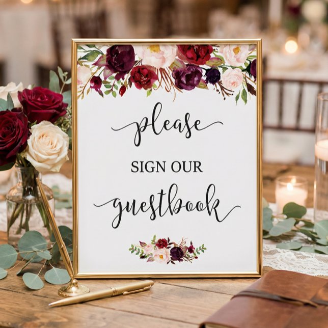 Rustic Burgundy Red Floral Guestbook Wedding Sign (Creator Uploaded)