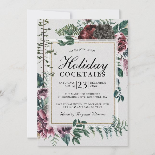 Rustic Burgundy Red Floral Holiday Cocktails Invitation (Front)