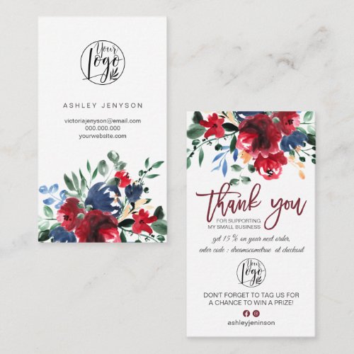 Rustic burgundy red floral logo order thank you business card - Rustic burgundy red and navy blue floral watercolor script logo  business order thank you with a brushed script typography . Add your social media.  With a  with pretty painted fall winter botanical bouquet , add your logo.