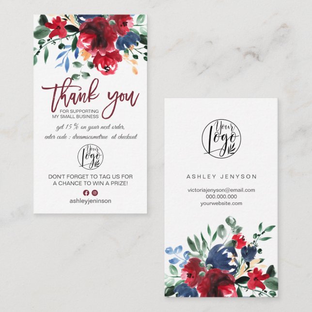 Rustic burgundy red floral logo order thank you business card (Front/Back)