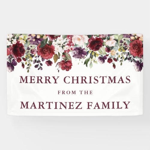 Rustic Burgundy Red Floral Merry Cristmas Banner