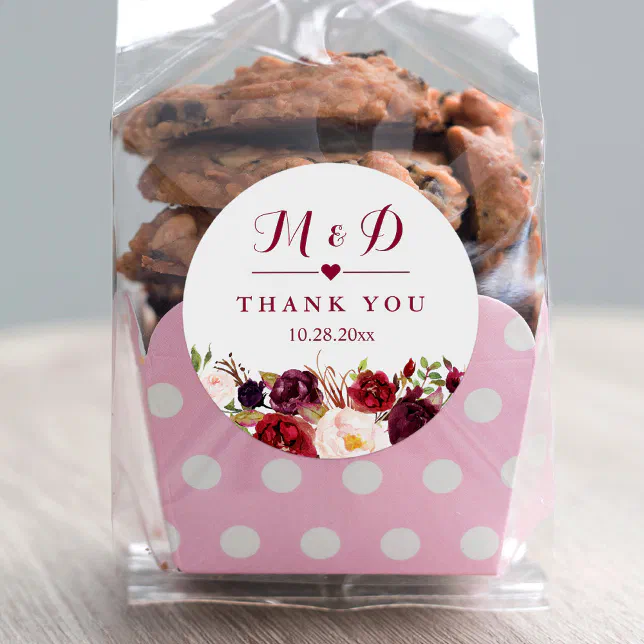 Rustic Burgundy Red Floral Monogram Wedding Favor Classic Round Sticker ...