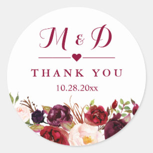 Wedding Stickers Labels Zazzle Rustic Burgundy Red Fl Monogram Wedding Favor Clic Round Sticker