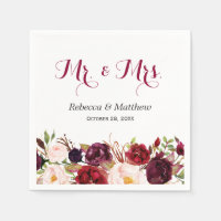 Rustic Burgundy Red Floral Mr and Mrs Wedding Napkin