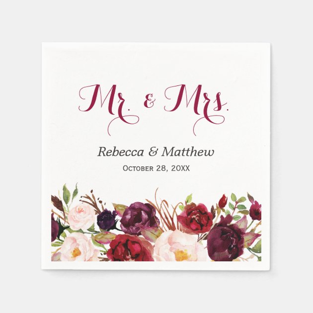 Rustic Burgundy Red Floral Mr And Mrs Wedding Napkin