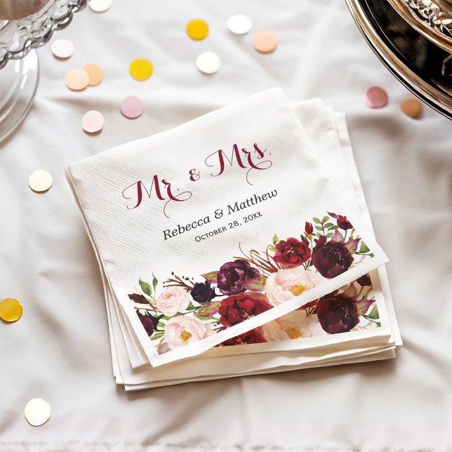 Rustic Burgundy Red Floral Mr and Mrs Wedding Napkins (Creator Uploaded)