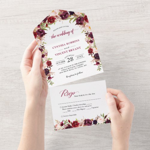 Rustic Burgundy Red Floral No ENV needed Wedding All In One Invitation
