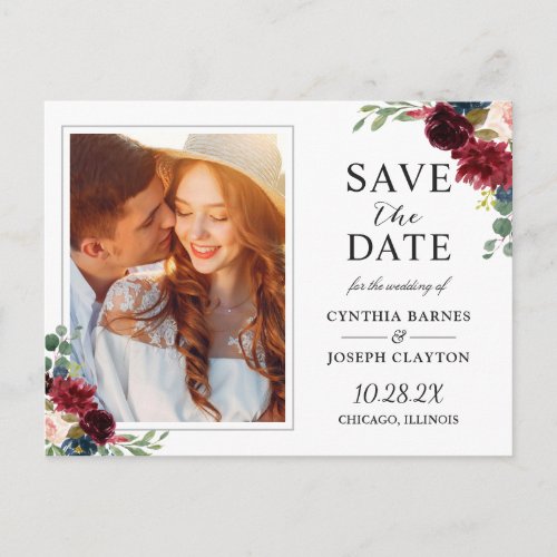 Rustic Burgundy Red Floral Photo Save the Date Postcard