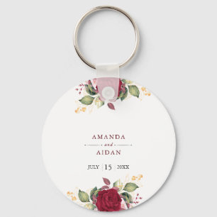 Rustic Burgundy Red Floral Romantic Wedding Keychain