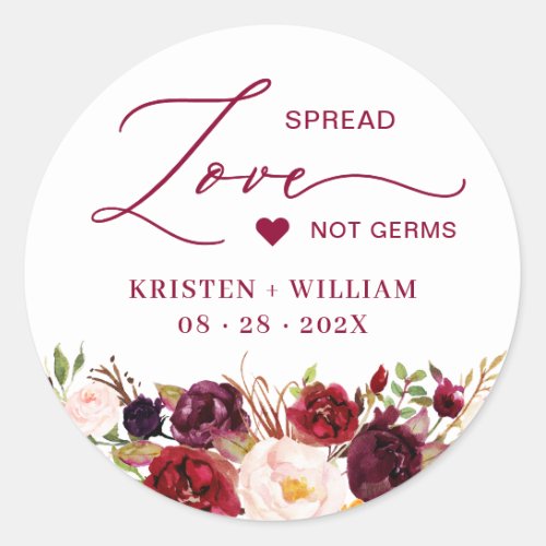 Rustic Burgundy Red Floral Sanitizer Wedding Favor Classic Round Sticker