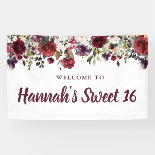 Rustic Burgundy Red Floral Sweet 16 Party Banner