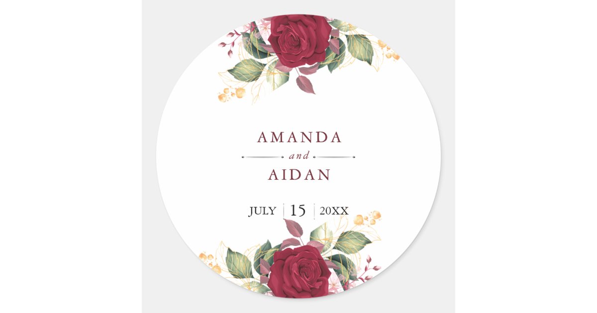Rustic Burgundy Red Floral Wedding Classic Round Sticker | Zazzle