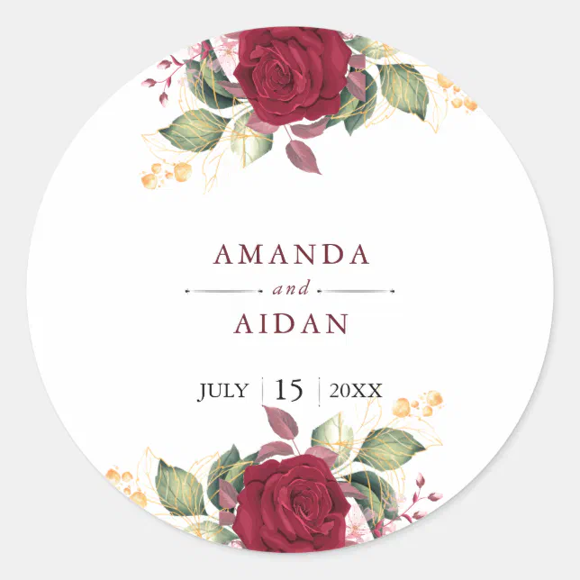 Rustic Burgundy Red Floral Wedding Classic Round Sticker | Zazzle