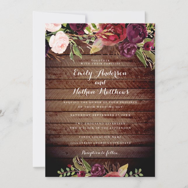 Rustic Burgundy Red Floral Wedding Invitation (Front)
