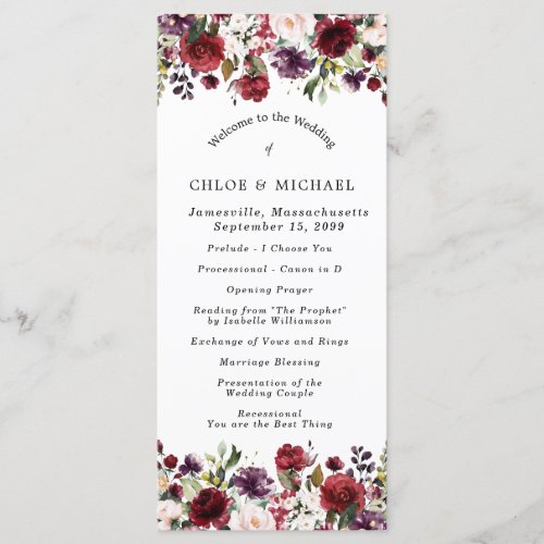 Rustic Burgundy Red Floral Wedding Program