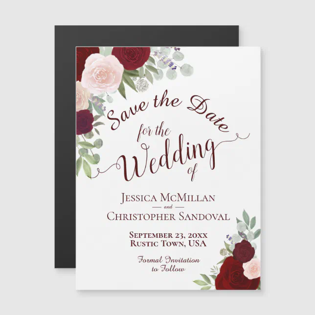 Rustic Burgundy & Red Floral Wedding Save the Date Magnetic Invitation ...